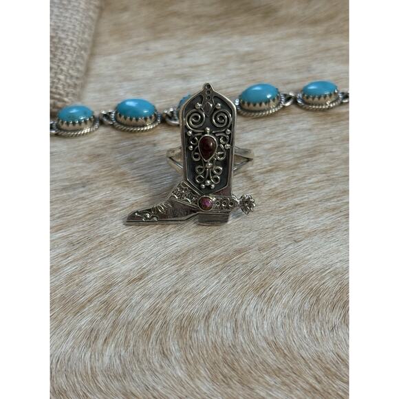 Native American SW Sterling Red Rose Pink Dahlia Western Cowboy Barbie Boot Ring - Picture 10 of 12